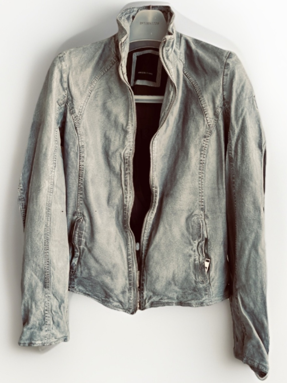 Mauritius Lamb Leather Moto Jacket Winter Sky Distressed Grey Blue Sz M US 8